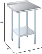 ROCKPOINT Stainless Steel Table for Prep & Work with Backsplash 24x24 Inches, NSF Metal Commercial Kitchen Heavy Duty Table with Adjustable Under Shelf and Table Foot for Restaurant, Home and Hotel