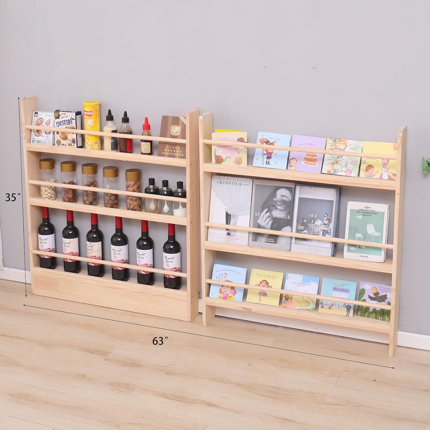 Wooden Kids Bookshelf, Wall Mount 6-Tier Behind The Door Shelf, Organizer for Toys and Books, Space-Saving Wall Mount Narrow Book Shelf