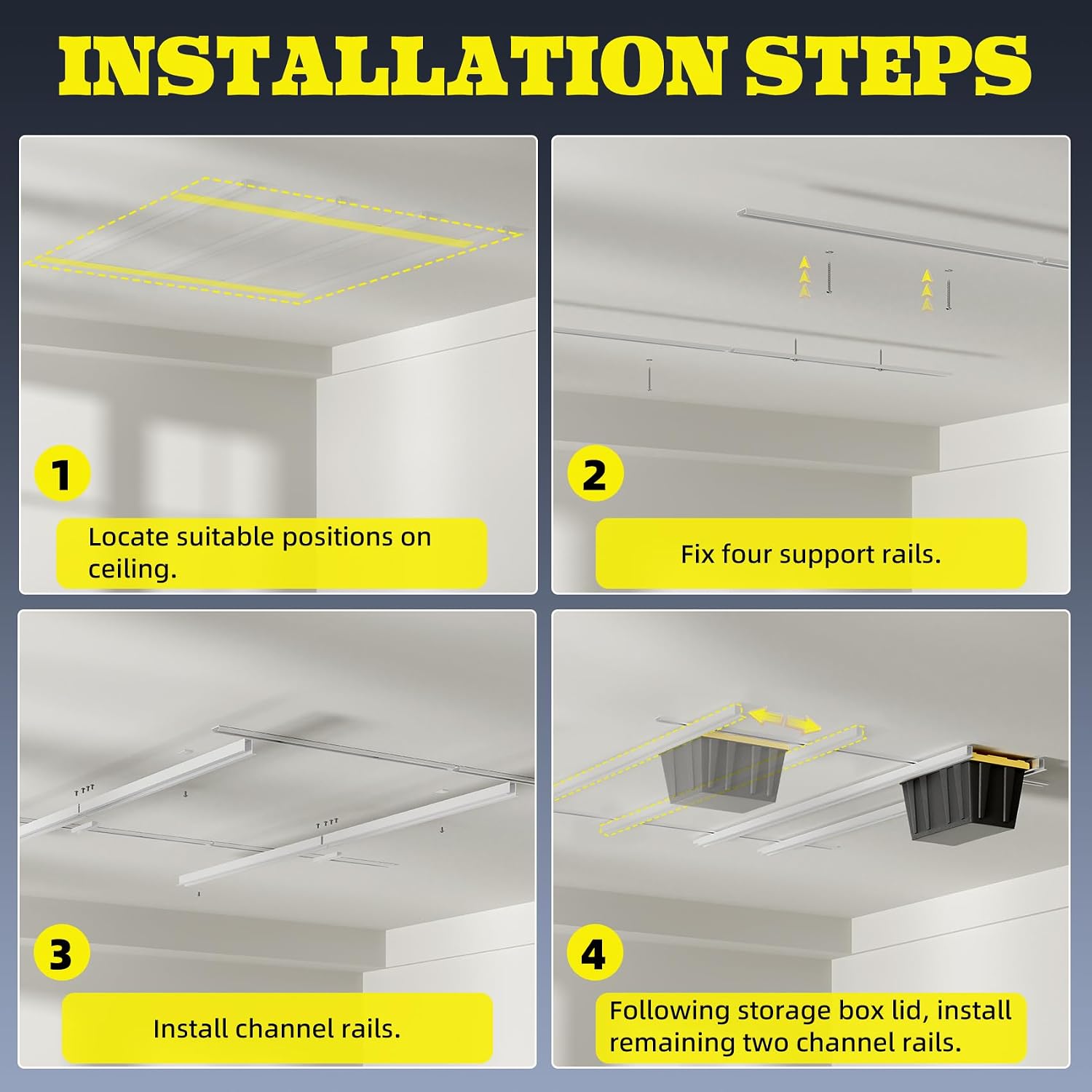 Overhead Garage Storage Rack Extra Large-Organizes Up to 15 Tote Bins 0.1-inch Thickened Heavy Alloy Steel Garage Tote Storage System with Adjustable Rails-Ceiling Storage Rack