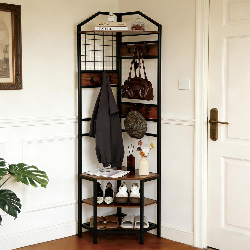 Heavy Duty Corner Hall Tree Organizer, 3-in-1 Industrial Freestanding Coat Storage Rack with Hooks and 4 Wooden Shelves for Entryway, Black