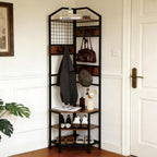 Heavy Duty Corner Hall Tree Organizer, 3-in-1 Industrial Freestanding Coat Storage Rack with Hooks and 4 Wooden Shelves for Entryway, Black