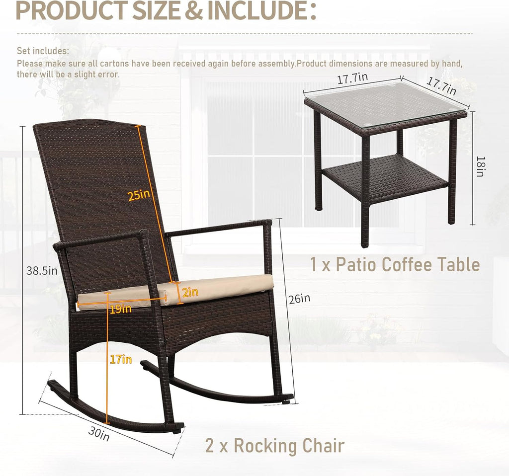 Oasishine Outdoor Rocking Chair 3 Pieces High-Backed Rocking Chair Patio Rocking Chairs Outdoor Table, Khaki