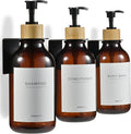 MaisoNovo Shampoo and Conditioner Dispenser - Shower Soap Dispenser Wall Mounted - 16.9 fl oz Set of 3 Amber Plastic Bottles Black Bamboo Pump - Shampoo Dispenser, Shower Dispenser 3 Chamber No Drill