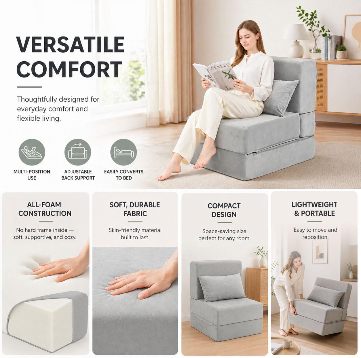 Folding Sofa Bed, Convertible Sleeper Chair, No Assembly (Gray) | Boneless Sofa Couch, Foldable Mattress & Back Support, Portable Floor Lounger Futon for Small Apartment, Dorm, Guest Room