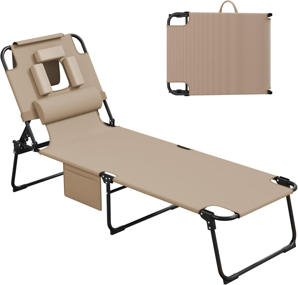 400lbs Tanning Chair with Face Hole, 5-Position Folding Chaise Lounge Chair w...