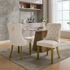 Velvet Dining Chairs Set of 2, Kitchen & Dining Room Chairs, Upholstered Dining Chairs with Back Ring Pull and Golden Solid Wood Legs, Modern Tufted Kitchen Chairs for Dining Room, Cream