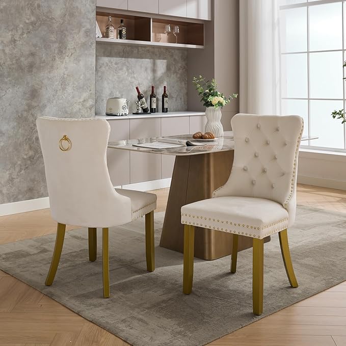 Velvet Dining Chairs Set of 2, Kitchen & Dining Room Chairs, Upholstered Dining Chairs with Back Ring Pull and Golden Solid Wood Legs, Modern Tufted Kitchen Chairs for Dining Room, Cream