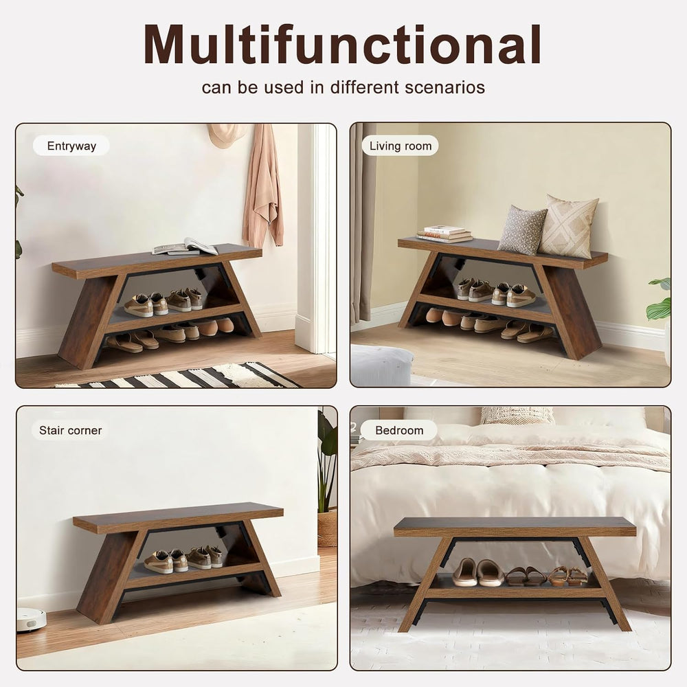 2-Tier Shoe Storage Bench, 40" Solid Wood Entryway Stool Storage