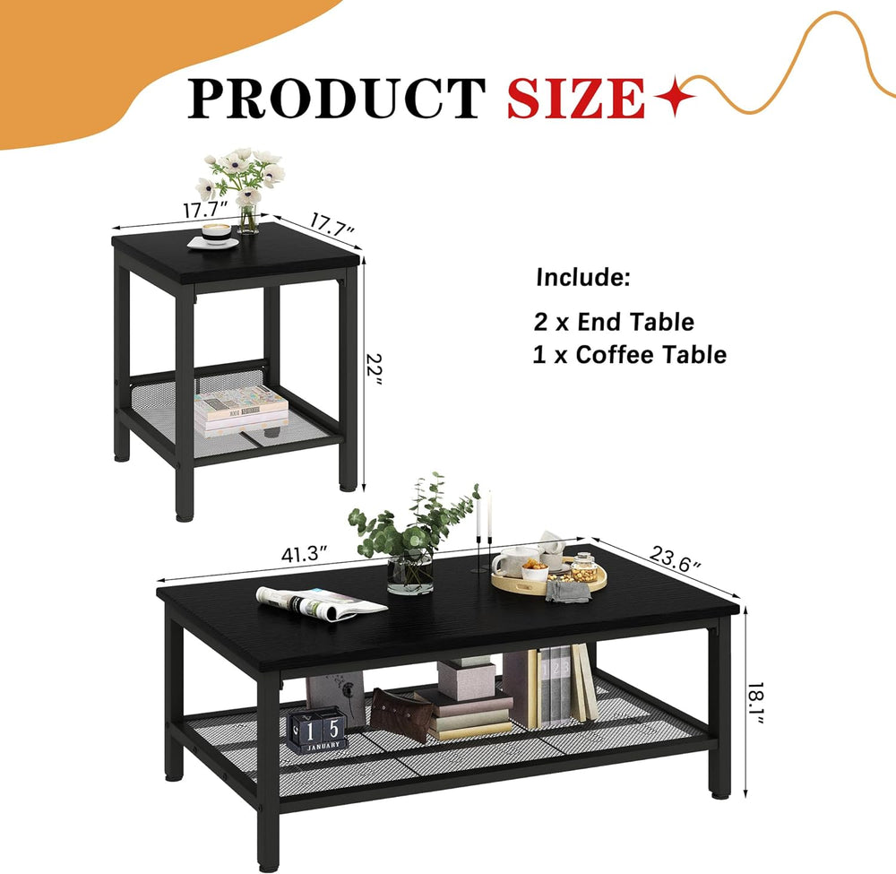 AWQM Coffee Table Set of 3, Industrial Coffee Table with 2 Square End Side Ta...