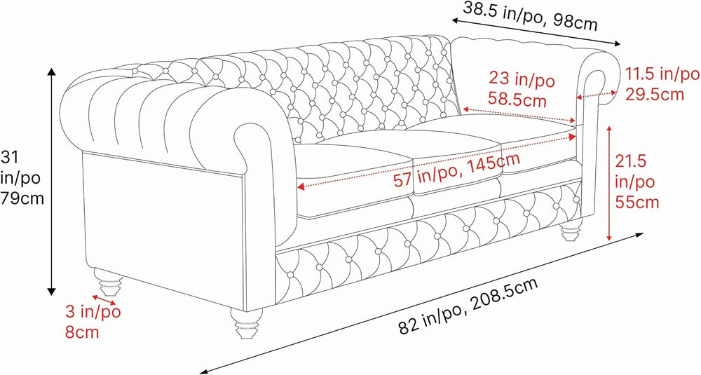 Valencia Parma Chesterfield 3 Seater Sofa 82" | Premium Leather | Mid-Ce...