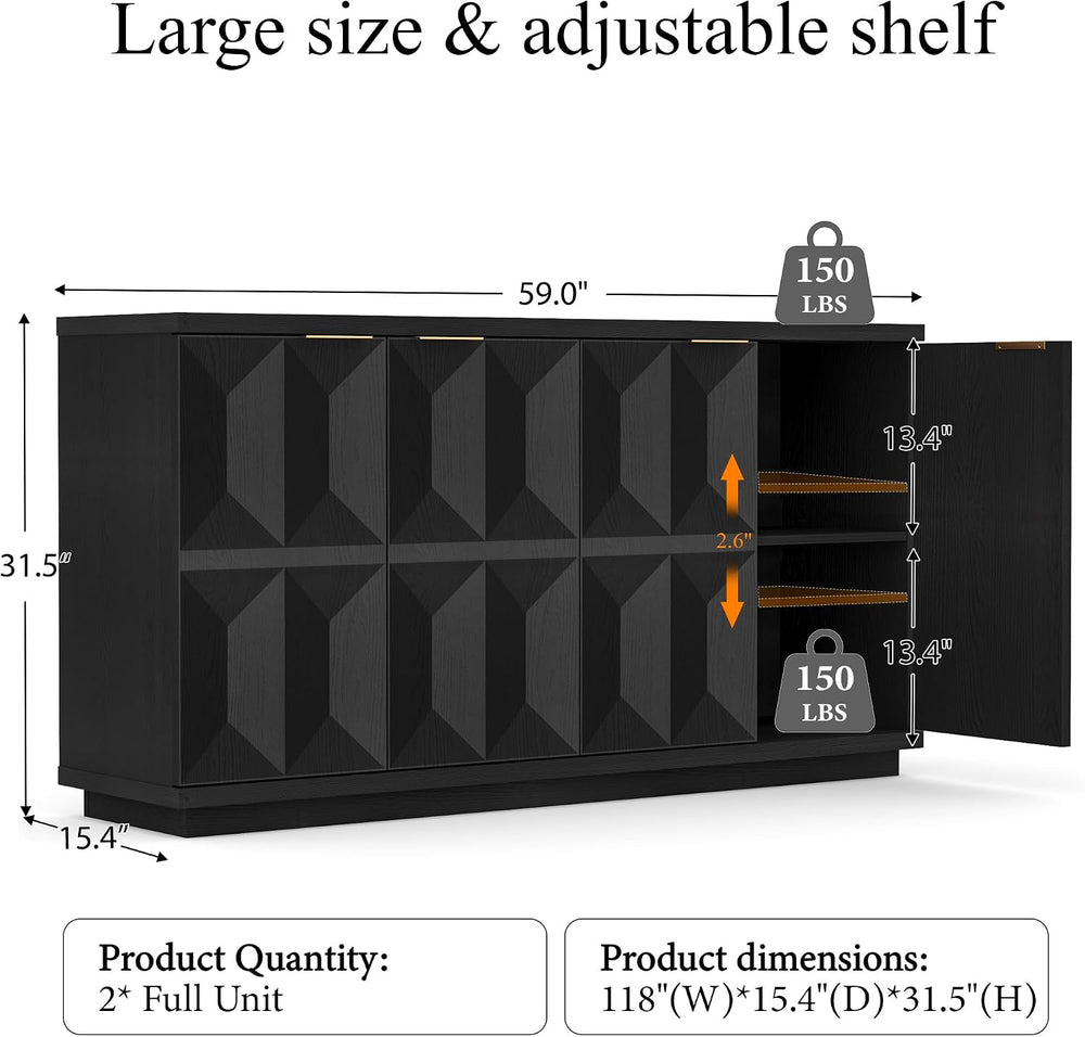 Brafab 118" Sideboard Buffet Cabinet with 3D Geometric Doors, Long Credenza