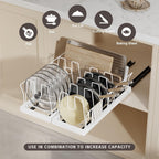 2 Pack Pots and Pans Organizer Under Cabinet, 22" Deep Expandable Pull Out Pot Lid Organizer and Storage with 10 Adjustable Dividers No Drill Pot and Pan Holder Rack with Handle Bracket(White)