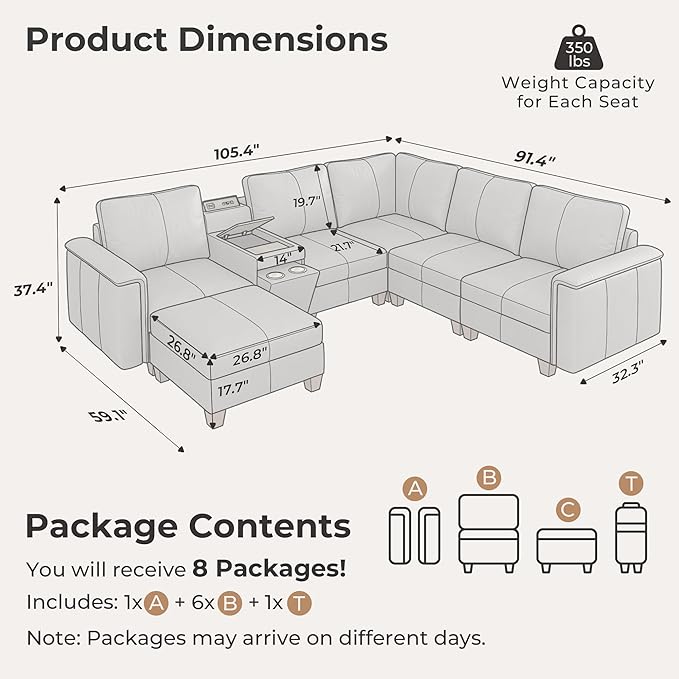 SITJOY 105" Faux Leather Modular Sectional Sofa with Storage, Mid Century Modern Sectional Couches for Living Room, 6 Seat V Shaped Couch with Ottoman and Console Table, Hidden Cupholders, Gray