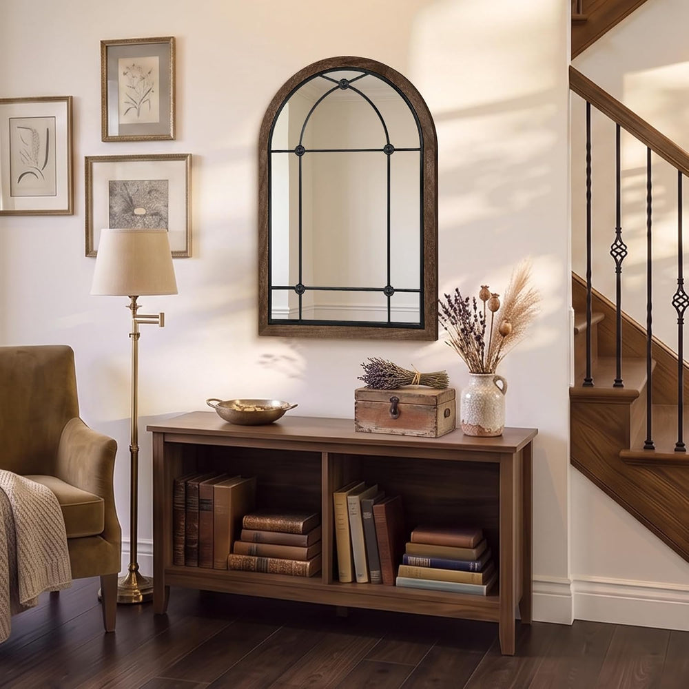 36x24 Inch Arched Window Pane Mirror , Wood Frame Farmhouse Mirror