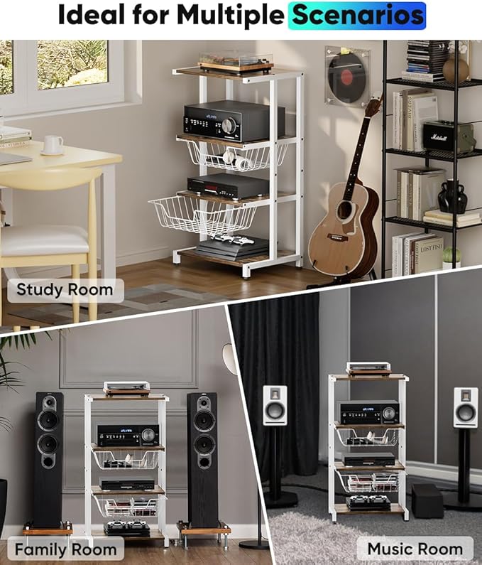 Media Stand with Two Detachable Baskets, 4-Tier AV Media Stand Corner Shelf f...