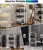 Media Stand with Two Detachable Baskets, 4-Tier AV Media Stand Corner Shelf for DVD Players/Cable Boxes/Games Consoles, Audio Storage Rack for Living Room, Gaming Room, Music Studio, White