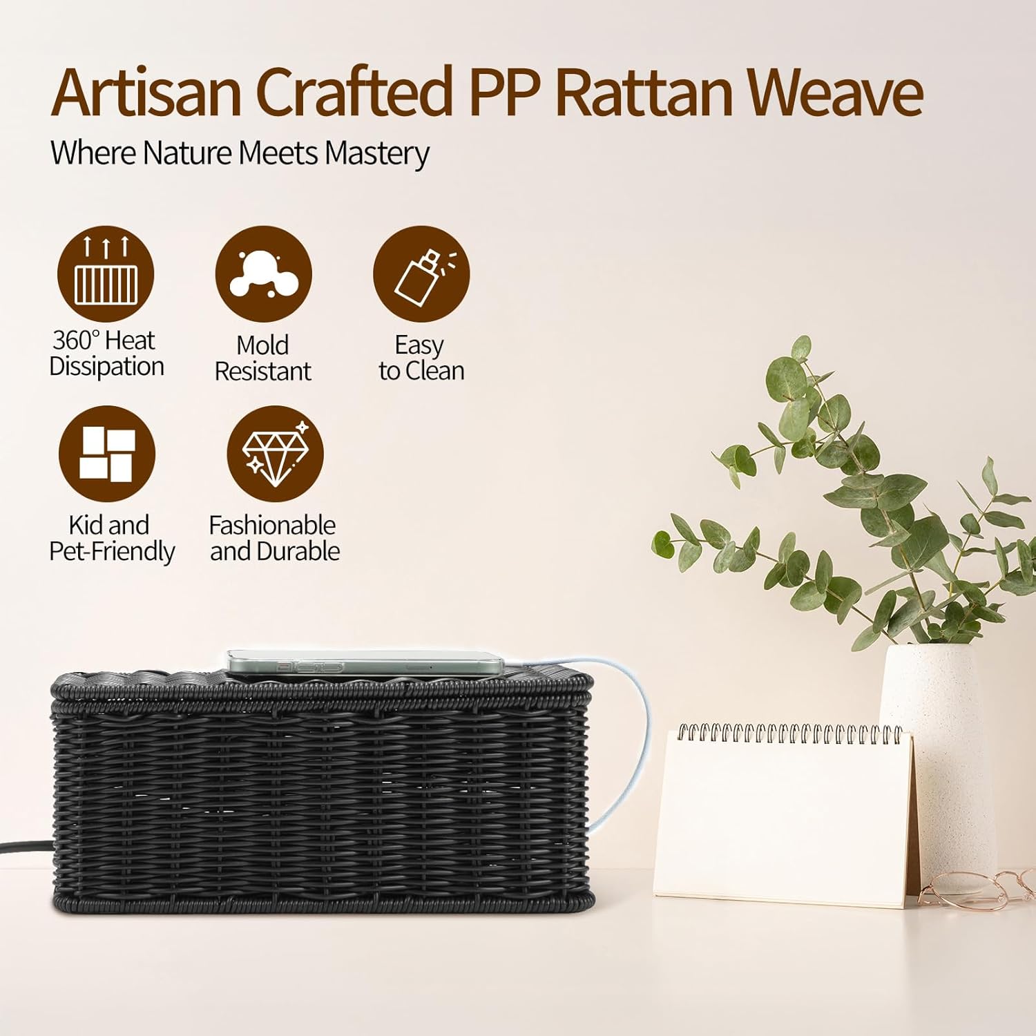 Delamu Handmade Rattan Small Cable Management Box, Cord Organizer with 2 Open Slots, Desk Cord Hider Box for Computer Router USB Hub Power Strip, 12.5" Lx 5.1" Wx 5.1" H, Black