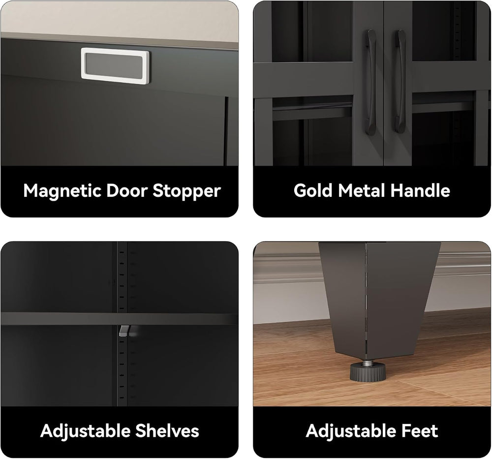 COFaR 71" Black Metal Pantry Cabinet with Glass Doors for Living Room