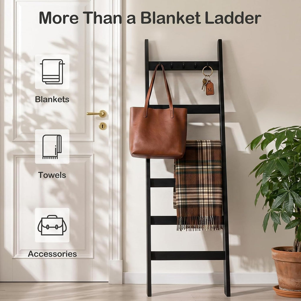 TEAKMAMA 6-Tier 5.4ft Blanket Ladder with Hooks Farmhouse Black | Wall Leaning Solid Wood Quilt Rack, Scratch & Slip Resistant, Living Room Bedroom Bathroom, Christmas Decor, Quick Setup