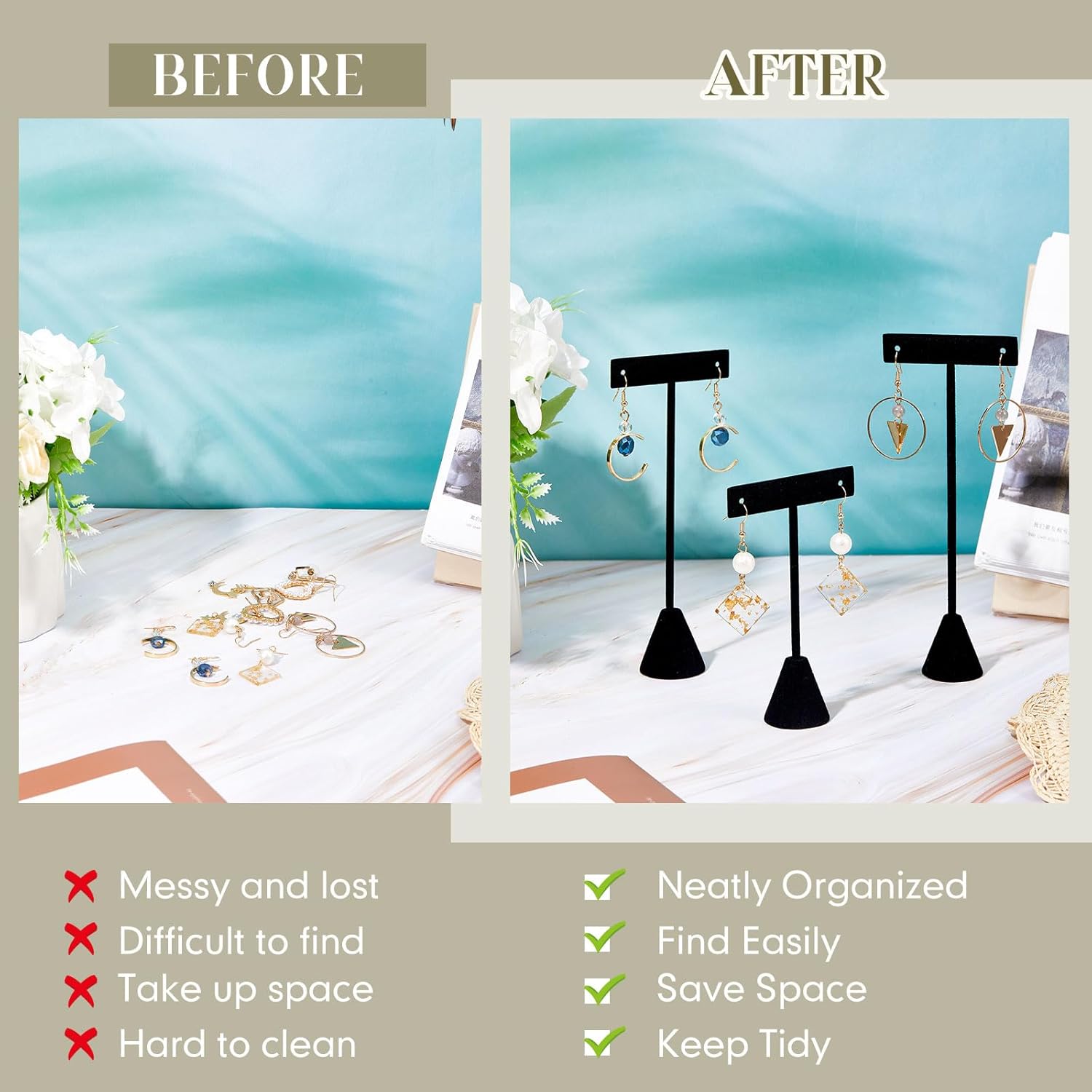 Marsui 18 Pcs Earring Display Set Earring T Bar Display Earring Holders with 3 Heights Earrings Display Stand for Jewelry(Black)