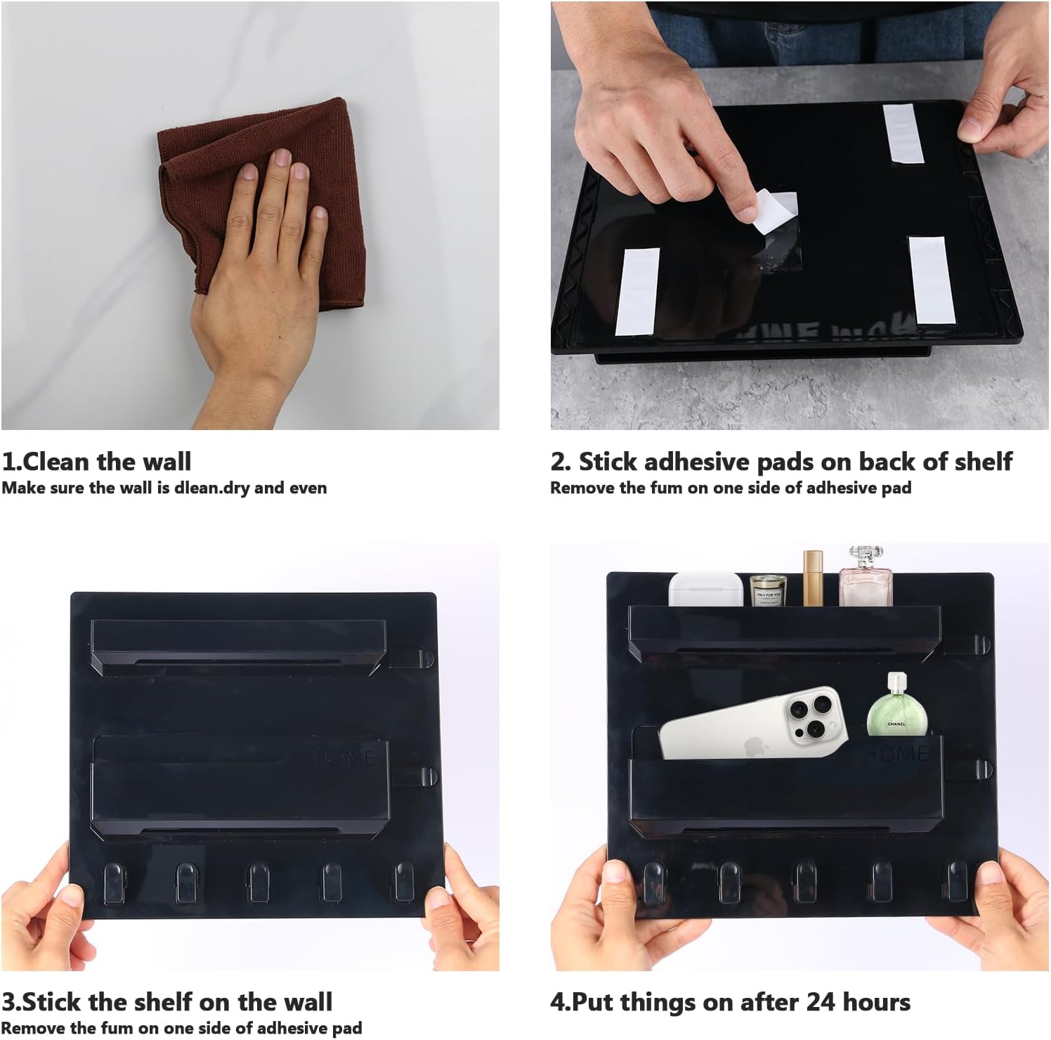 Bedside Shelf Wall Mount, Adhesive Bedside Shelf Accessories Organizer with Hooks and Cable Clips,Dorm Bedside Wall Storage for Phone, Remote, Earphone, Kindle,Plastic (5 Hooks Style-Black)