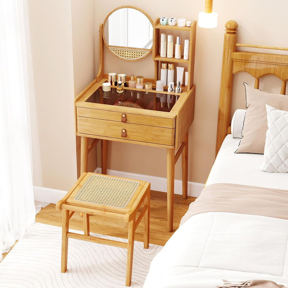 CHARMAID Small Bamboo Vanity Desk with Mirror and Stool, Glass Top Makeup Van...