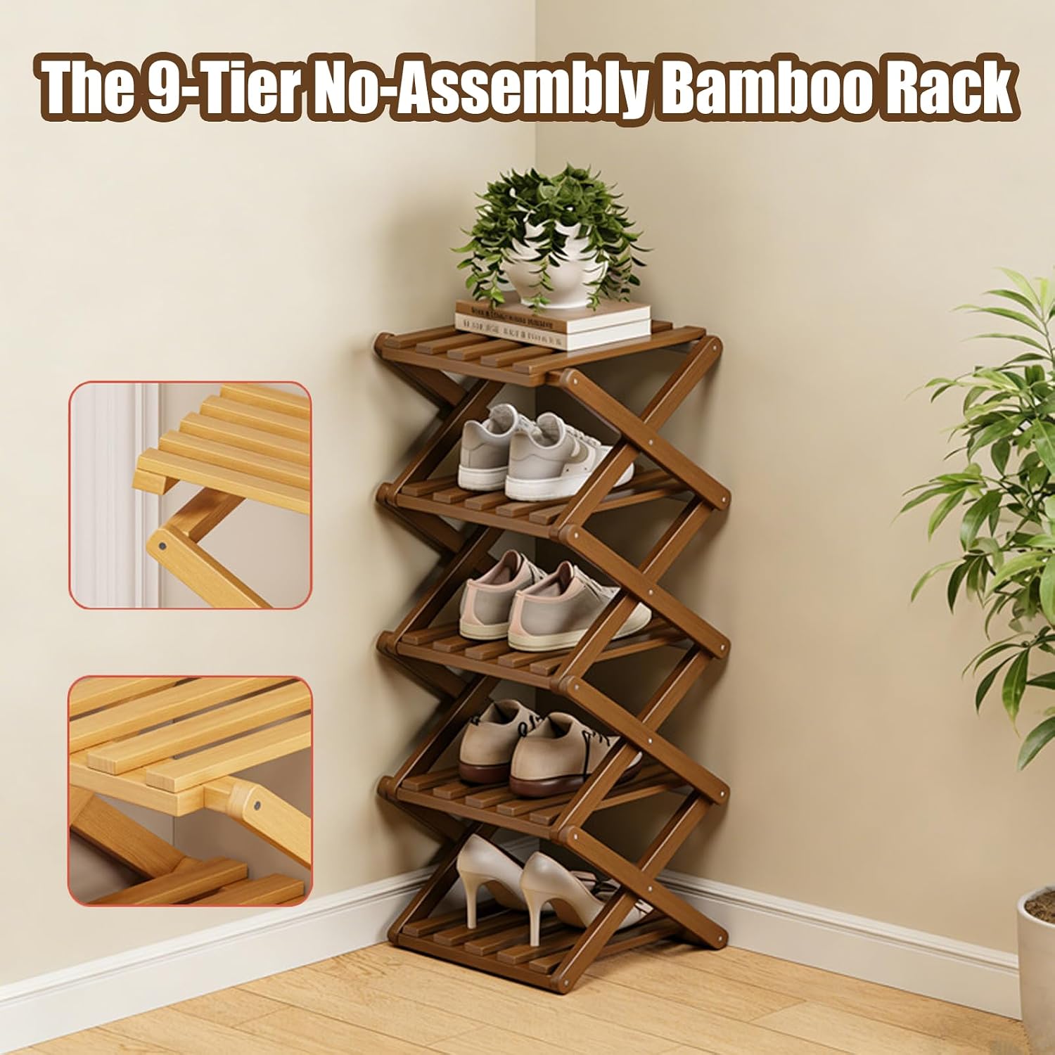 The 9-Tier No-Assembly Bamboo Rack, 3/5/7/9/10 Tier Bamboo Shoe Rack, Foldable Bamboo Shoe Organizer, Narrow Shoe Shelf for Entryway, Closet, Corner, Bedroom, Hallway (Brown, 10tier)