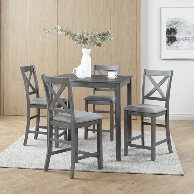 Dining Table Set for 4, Modern Counter Height Kitchen Dining Set, Wooden Tabl...