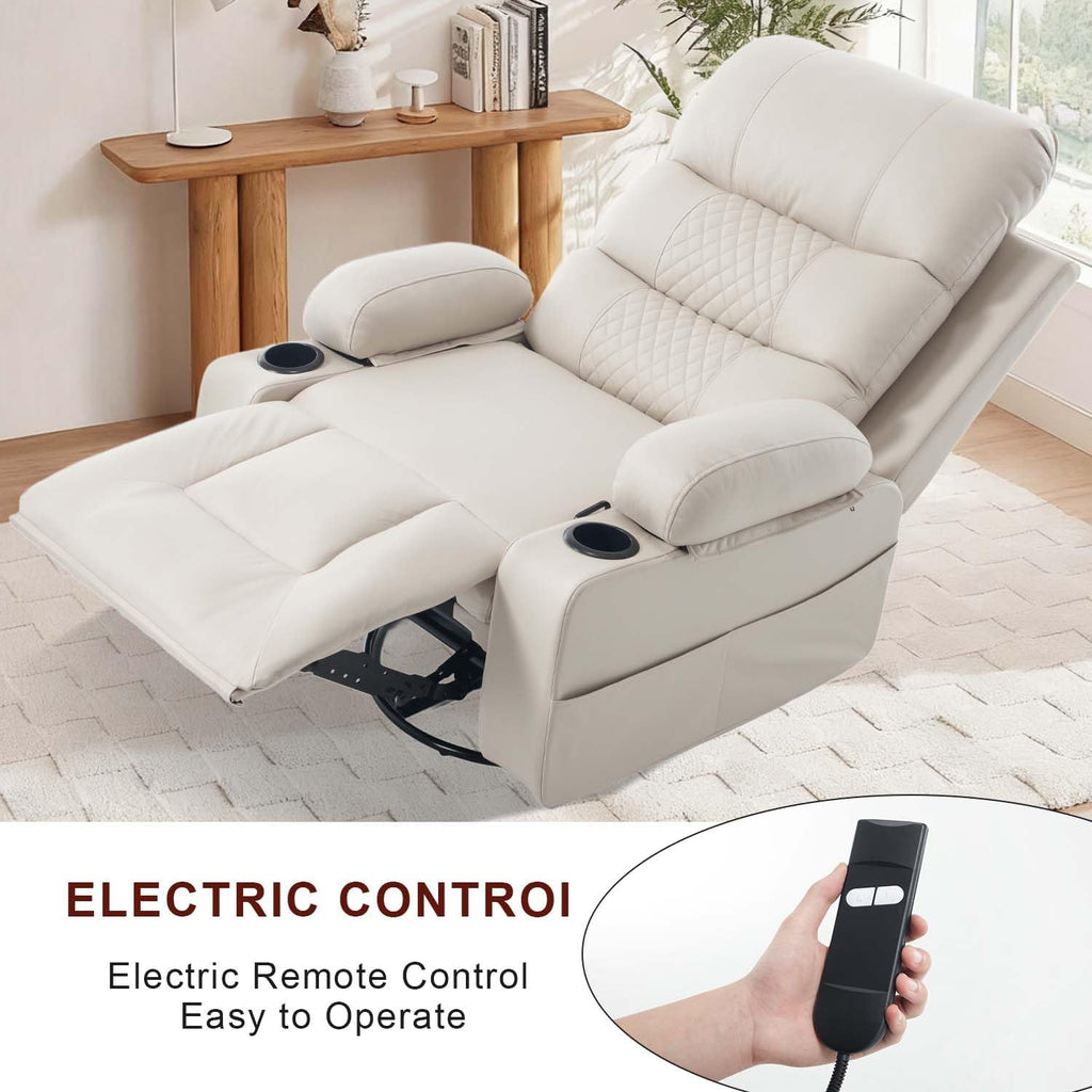 KCQ Power Swivel Rocker Recliner with Massage and Heat USB Port, Overstuffed Faux Leather Electric Rocking Recliner Chair Swivel Glider Chairs for Nursery, Cream Beige