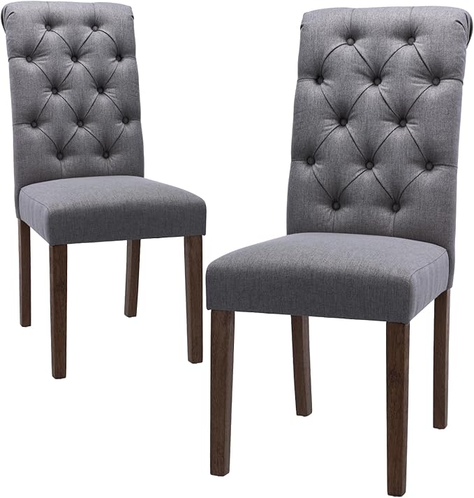 Tufted Dining Chairs Set of 2, Upholstered Parsons Dining Room Chairs, Fabric Kitchen Side Chair with Wood Legs, Dark Grey