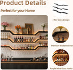 63" Wall Mounted LED Wine Rack, 3-Tier Floating Bar Shelves, Large Liquor Shelf with Wine Glass Rack, Large Bar Rack Wall Mounted for Liquor Bottles, Home Bar, Dining Room or Cafe, Black