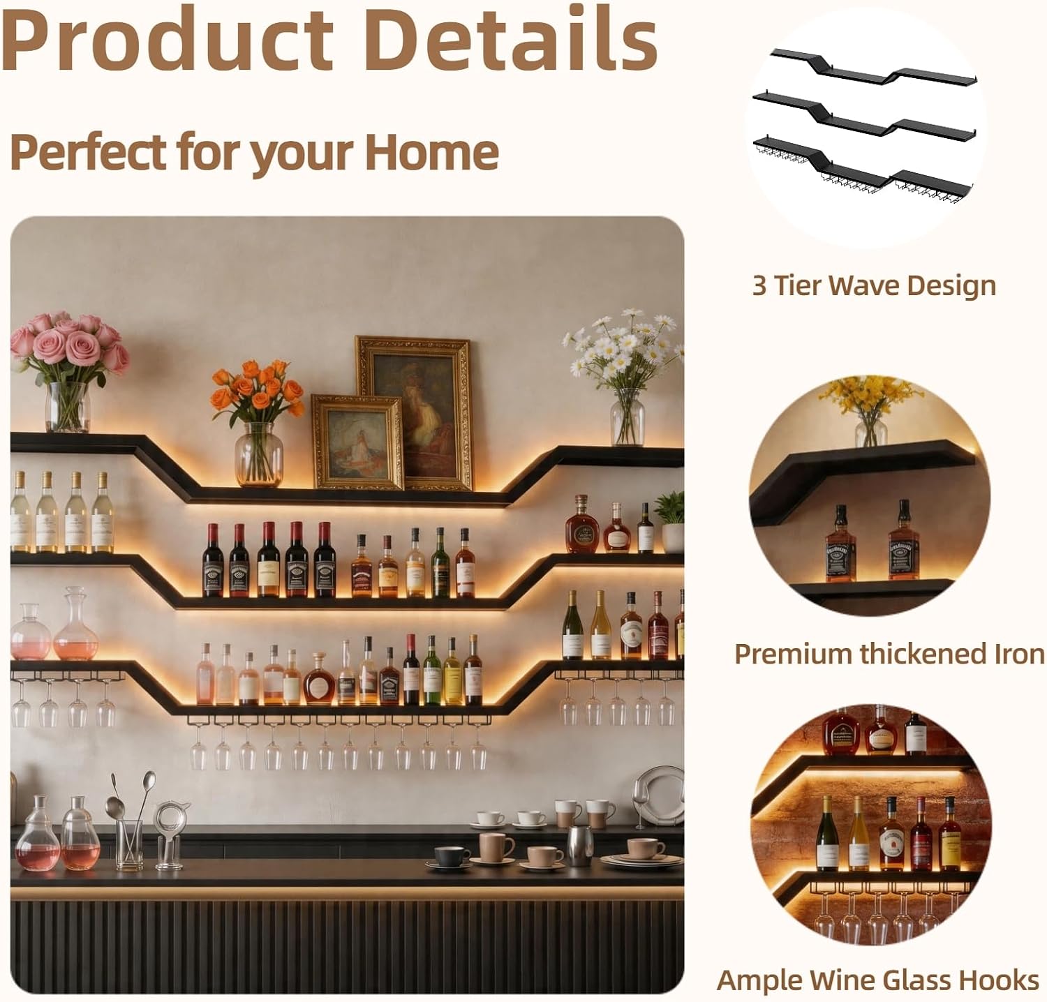 63" Wall Mounted LED Wine Rack, 3-Tier Floating Bar Shelves, Large Liquor Shelf with Wine Glass Rack, Large Bar Rack Wall Mounted for Liquor Bottles, Home Bar, Dining Room or Cafe, Black