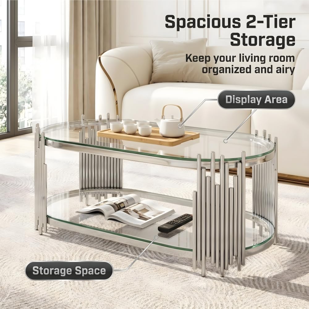 Oval Coffee Table and Round Side Table Set of 2, 2-Tier Clear Tempered Glass ...
