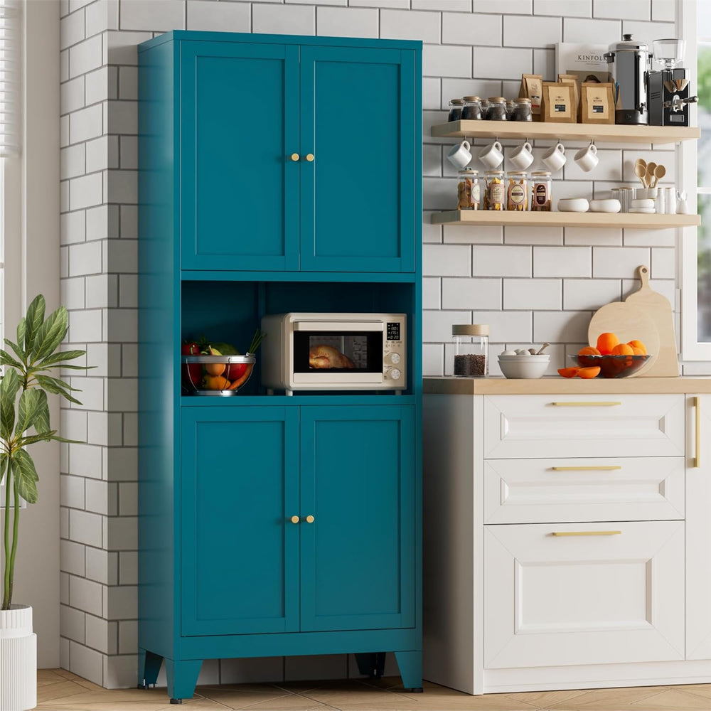 Bevivog Tall Pantry Cabinet with Microwave Shelf, 69" Metal Storage Cabi...