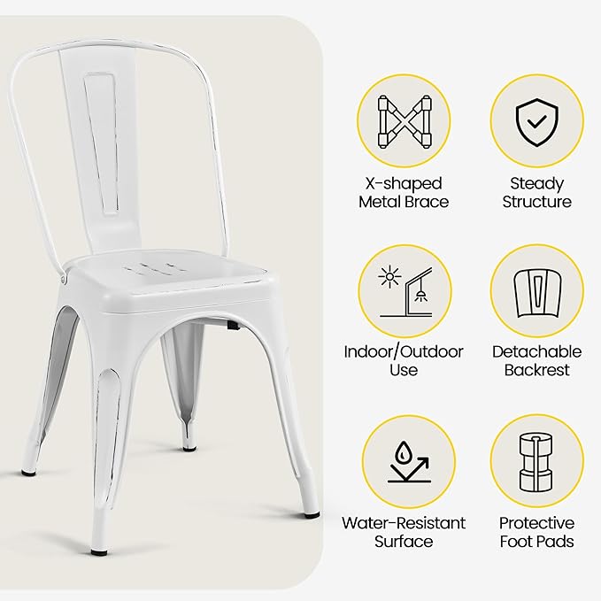 Yaheetech Metal Dining Chairs Set of 4, Industrial Stackable Kitchen Chairs with Back for Dining Room/Restaurant/Bistro/Patio, Indoor & Outdoor Use, Distressed White