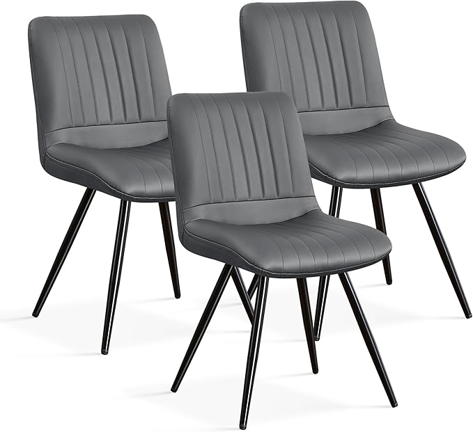 Dining Chairs Set of 3, Modern Dining Chairs with Thick Cushions, PU Leather Upholstered Kitchen Dining Room Chairs with Metal Legs for Dining Living Room (Dark Grey)