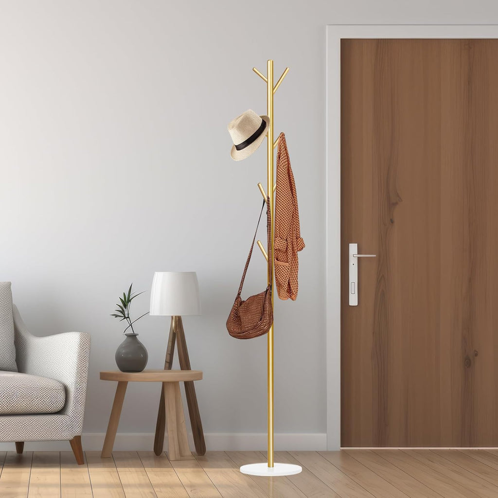 Coat Rack, Metal Freestanding Coat Rack with 8 Hooks, Sturdy Coat Tree with Natural Marble Base for Coats, Hats, Scarves and Handbags for Entryway, Hallway, Bedroom, Office,Dorm (Gold)