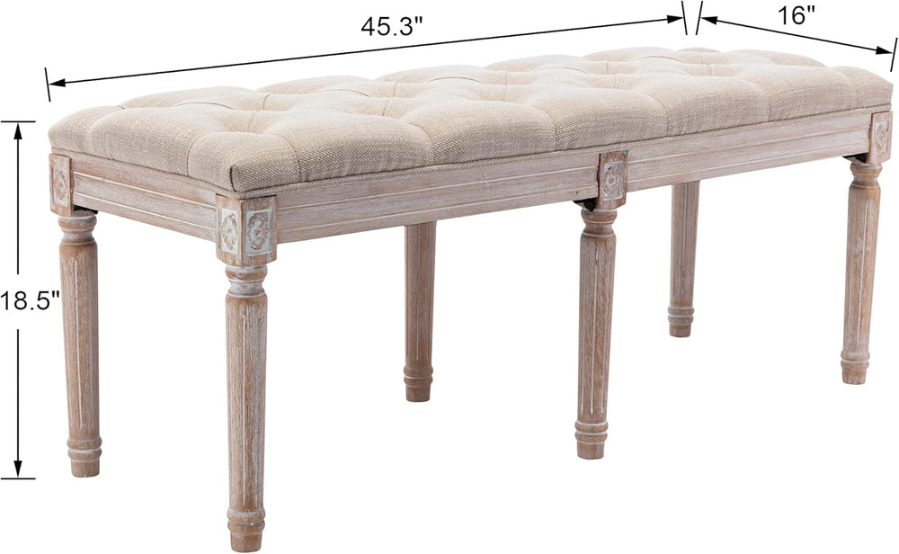 Tufted Dining Bench French Vintage Fabric Upholstered Wood Dining Room Bench ...