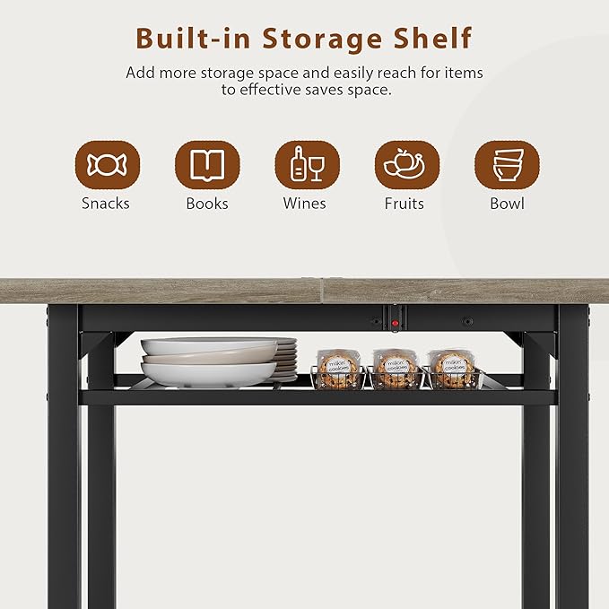 Dining Table Set for 4, Extendable Kitchen Table with 4 PU Leather Upholstered Dining Room Chairs, Wood Kitchen Table Set with Built-in Storage Rack for Dining & Small Spaces, Grey