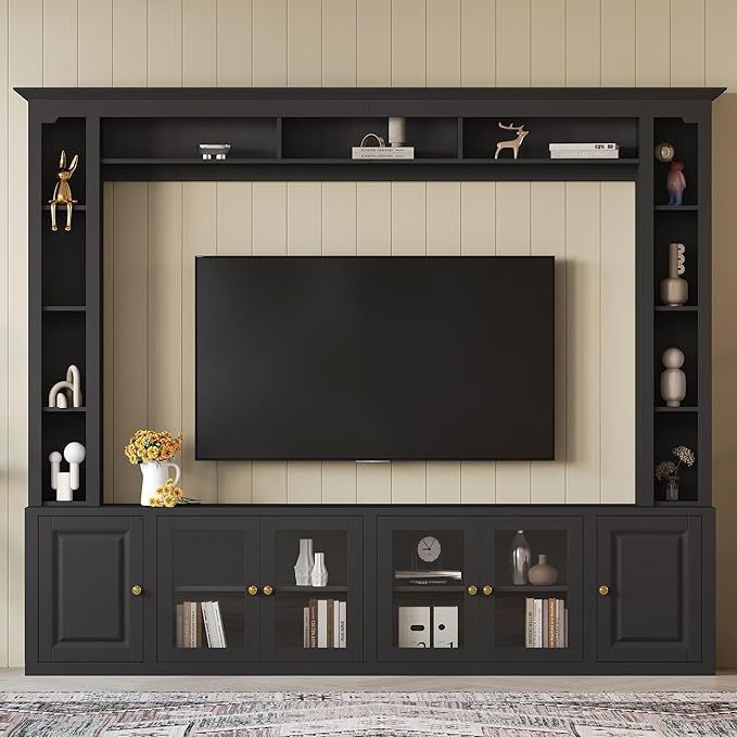 Merax Modern 4 Piece Entertainment Wall Unit with Bookshelf for Televisions Up to 80'', Wood Inch Large Entertainment Center w/Storage, TV Cabinets for Living Room, Black
