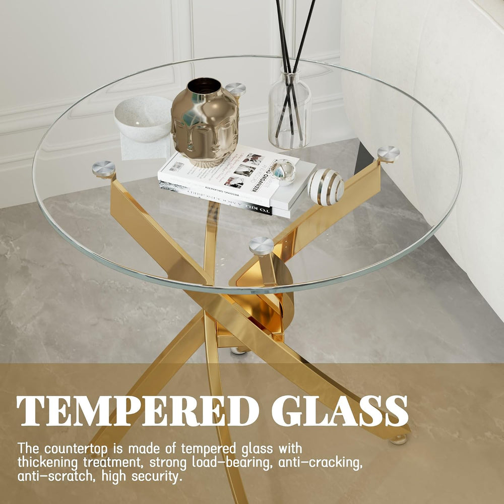 Round Glass End Table with Clear Tempered Glass Top & Cross Stainless Ste...