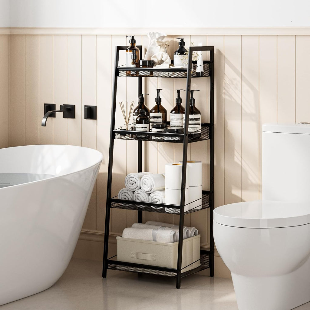 Masupu 4 Tier Bathroom Shelf, Bathroom Organizer and Storage for Small Space, Free-Standing Metal Rack Shelves Waterproof for Kitchen, Bathroom, Laundry, Toilet, Black