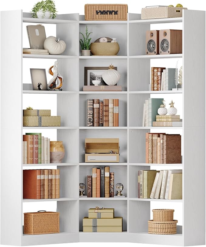 IRONCK Corner Bookshelf, 7-Tier Bookshelf with Storage, Corner Bookcases with Baffles Etagere Shelf for Living Room Home Office Bedroom, White