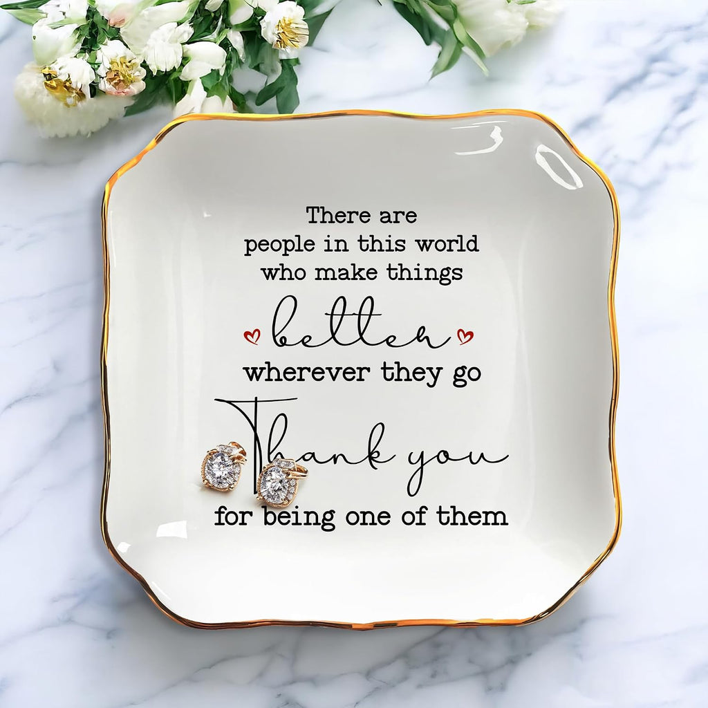 OASSIE Thank You Gifts for Women - 4"x4" Ceramic Jewelry Dish Tray | Gifts for Women, Appreciation Decor, Gold Trim Design, Ring Dish for Women, Polished Finish, Ready to Gift