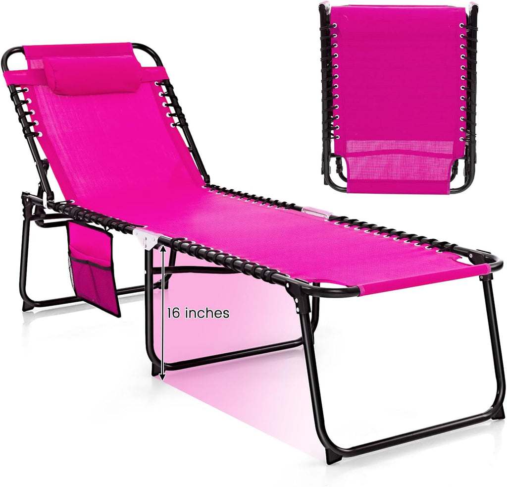 GYMAX Lounge Chairs for Outside, Extra High Folding Beach Tanning Lounger with 4-Level Adjustable Backrest, 2-Level Footrest & Removable Pillow, Sunbathing Lounge for Patio, Lawn, Poolside (1, Pink)