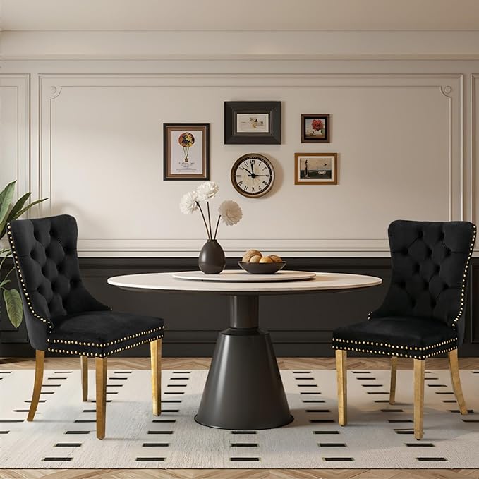 Velvet Upholstered Dining Chairs Set of 8, Modern Style Kitchen Side Chairs with Nailhead Trim and Gold Plated Leg, Metal Pulling Ring for Dining Room Living Room(Black)
