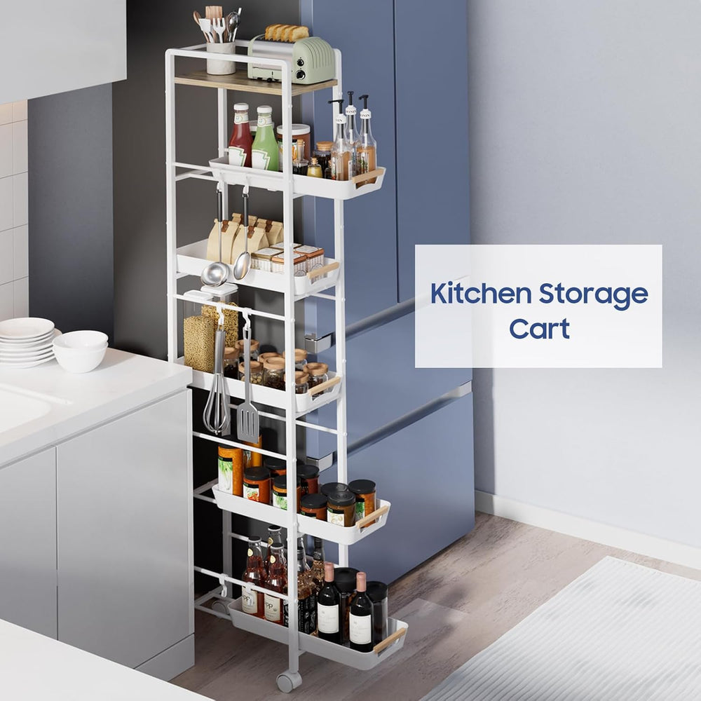6 Tier Slim Storage Cart with Pull-Out Baskets Rolling Cart with Wheels Wood ...