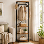 Coat Rack with Hanging Rod, Garment Rack with 3 Wooden Shelves and 4 Hooks, Freestanding Hall Tree, Industrial Clothes Rack Stand Organizer, Rustic Brown and Black