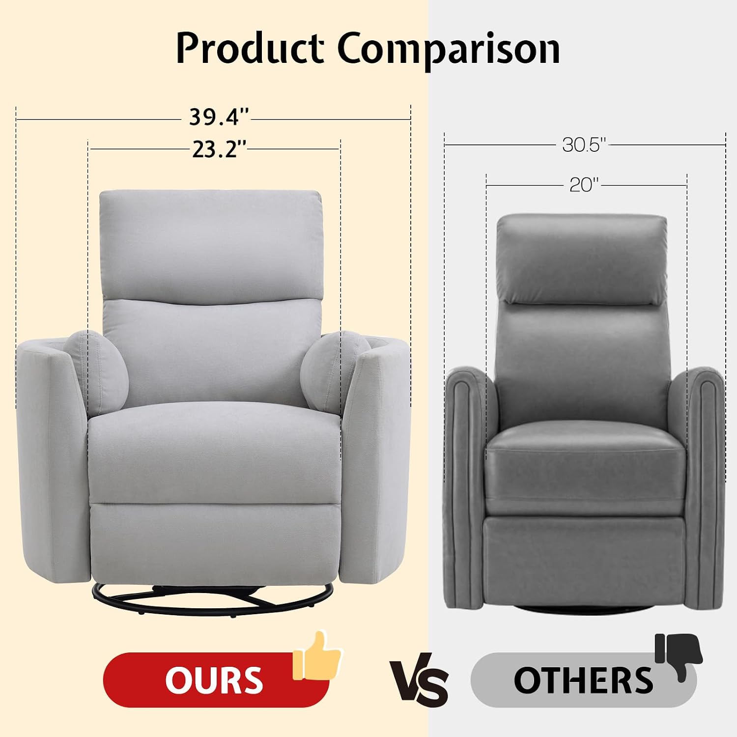 Jocisland Power Rocking Nursery Chair/Swivel Recliner/USB, Grey Fabric | Oversized Glider Chairs,Fabric,2 Pillows,USB & Type-C,Reclining Armchair Sofa,Living Room,Bedroom,Nursing