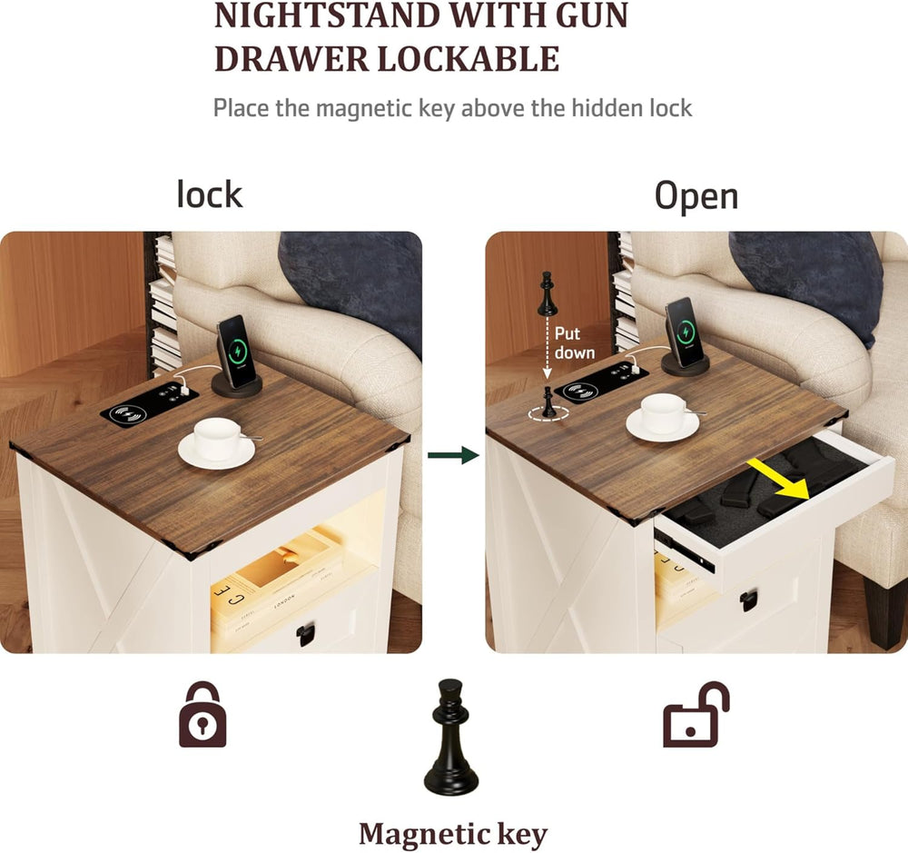 HWB LED Nightstand Set of 2 with Gun Drawer: Bedside Table with Charging Stat...